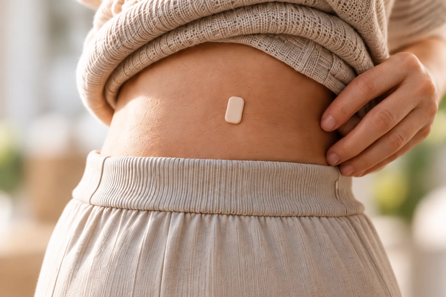 The Veltix Patch worn on the abdomen, just above the waistband.
