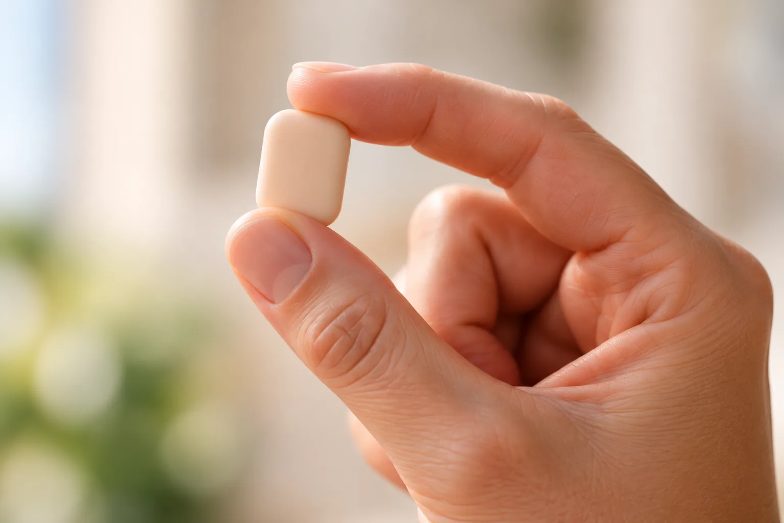 Fingertips holding the small, cream-colored Veltix Patch.