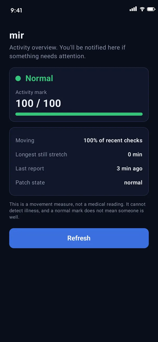 Veltix Family Activity View: status Normal, activity mark 100 of 100, moving in 100% of recent checks, longest still stretch 0 minutes, last report 3 minutes ago. A note says it is a movement measure, not a medical reading.