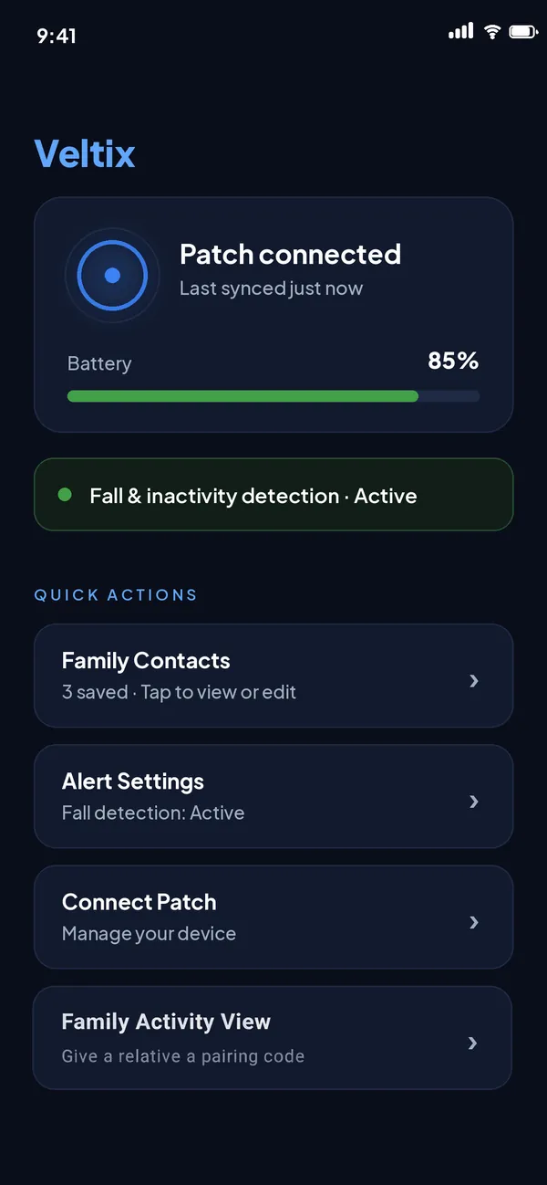 Veltix app home on the wearer's phone: Patch connected, battery 85%, fall and inactivity detection active, and a Family Activity View option to give a relative a pairing code.