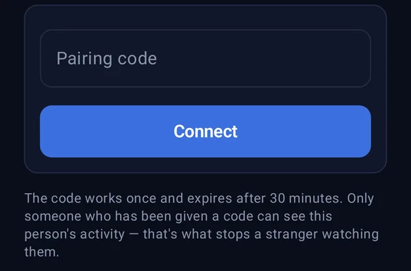 Veltix app screen: a pairing code field and a Connect button. The code works once and expires after 30 minutes.